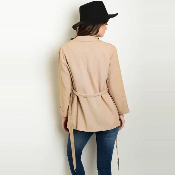 Khaki Safari Tie Waist Linen Jacket w Pockets - Picture 2 of 6